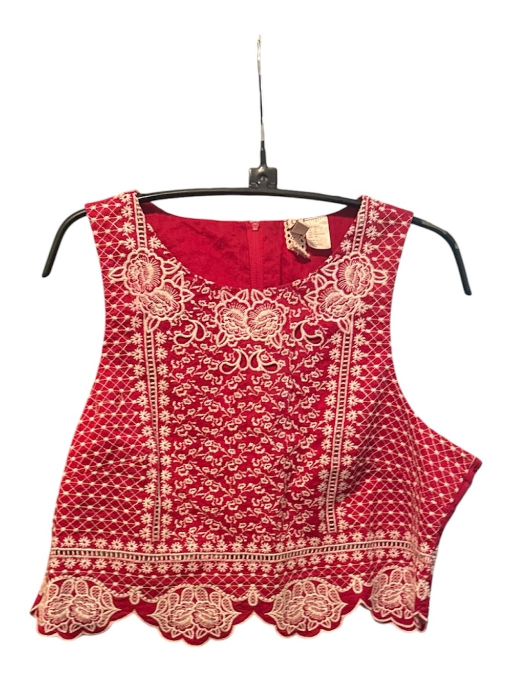 Divided Red Crop Top with White Embroidered Lace